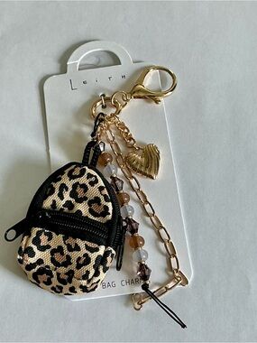 Leith Leopard Print Mini Backpack Key Holder with Gold Heart Charm